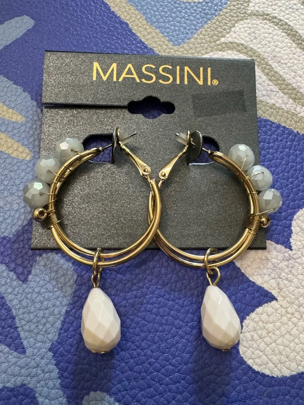 Massini Gold Hoop Earrings with White Teardrop and Pale Gray Accent Beads